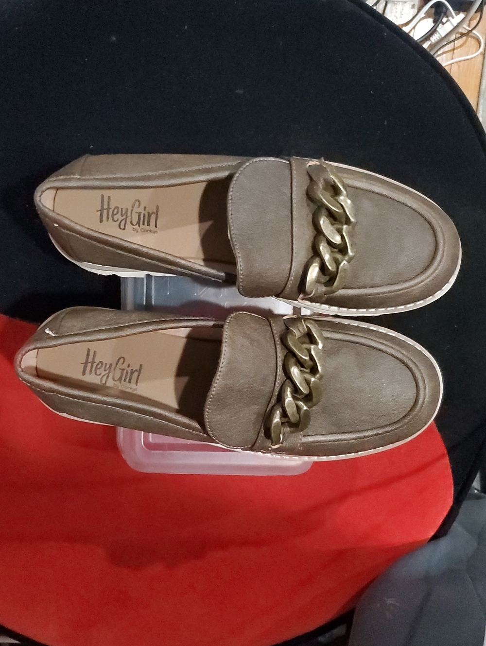 2 Pair Hey Girl by Corkys Literally Tan Suede Loafer Chunky Chain Size 11 - Picture 5 of 15